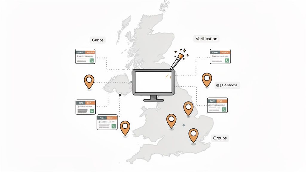 Illustration of UK map with location pins, NAP data cards, and a computer for multi-unit management.