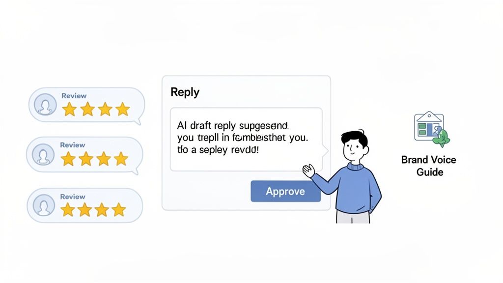 Illustration of AI drafting replies to customer reviews, guided by a brand voice.