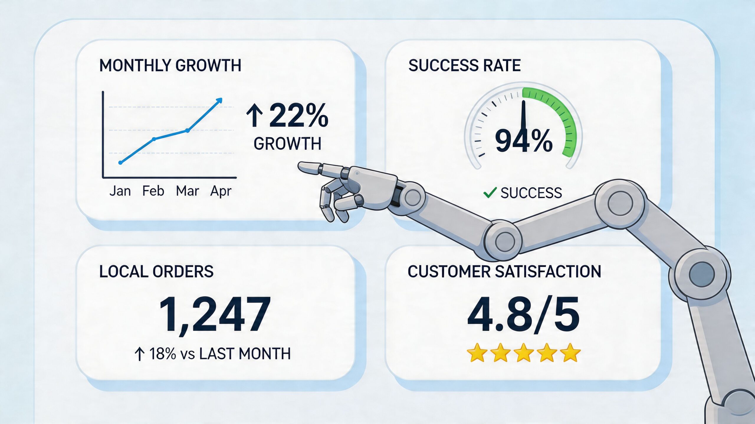 A robotic arm pointing at a digital business dashboard displaying growth, success rates, and customer satisfaction metrics.