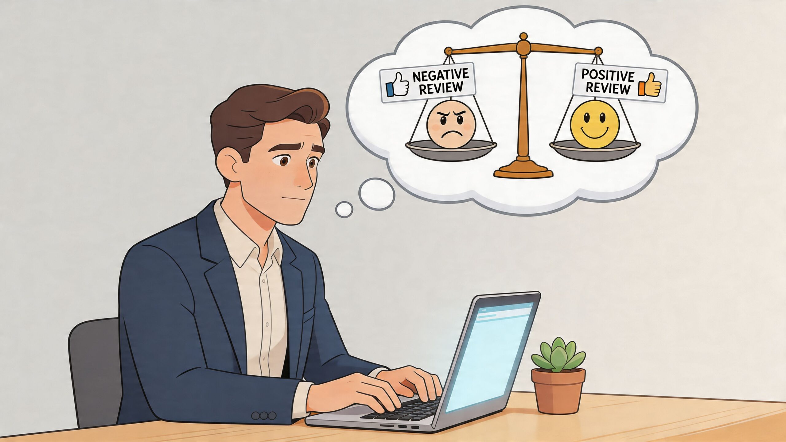 A businessman working on his laptop while contemplating the balance between positive and negative online reviews.