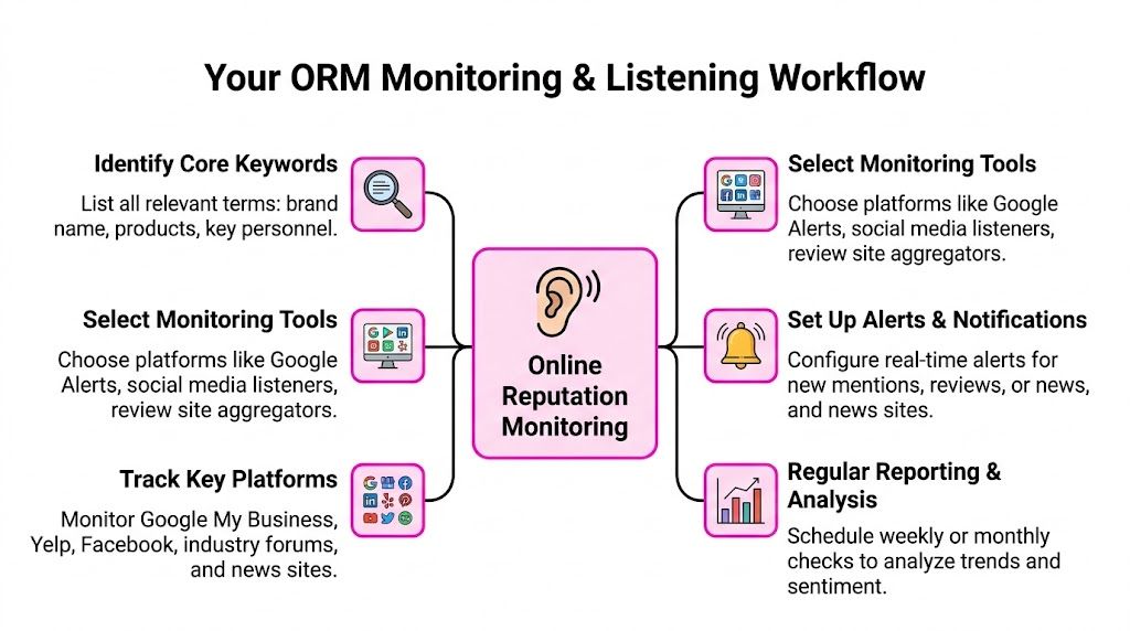 A flowchart diagram illustrating the workflow steps for effective online reputation monitoring and listening strategies.