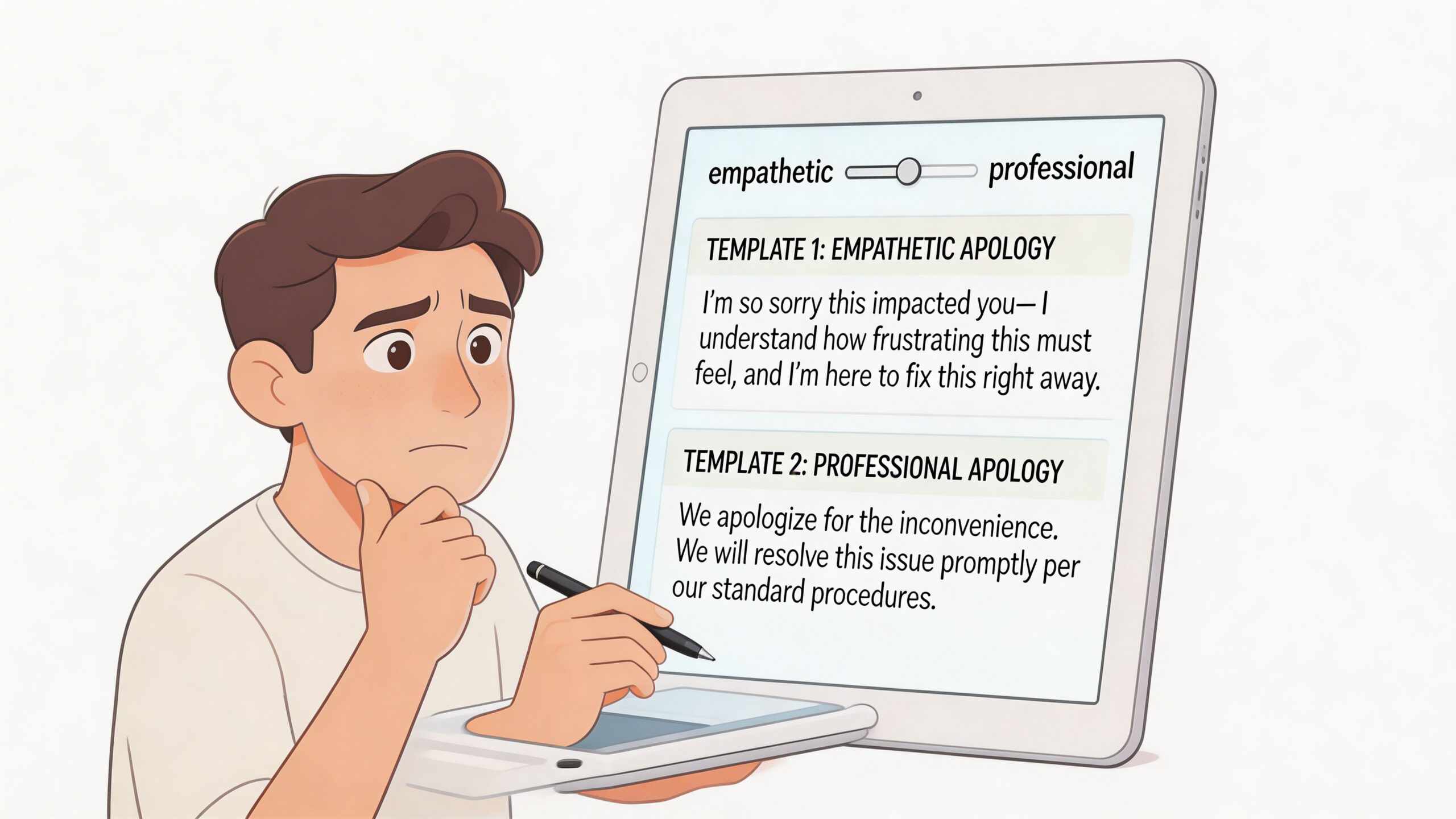 A person contemplating two different apology templates for customer service on a tablet screen.