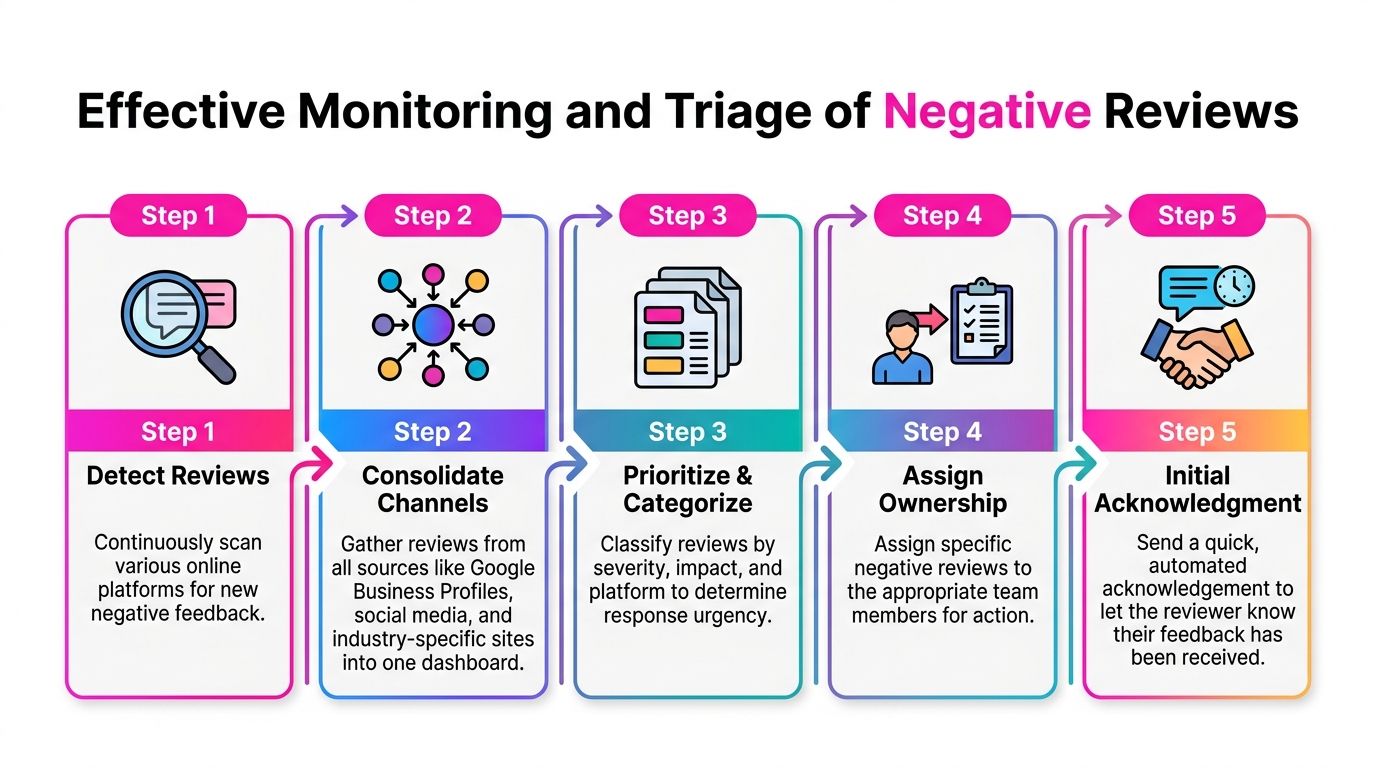 A five-step flowchart illustrating the effective process for monitoring and triaging negative customer reviews online.