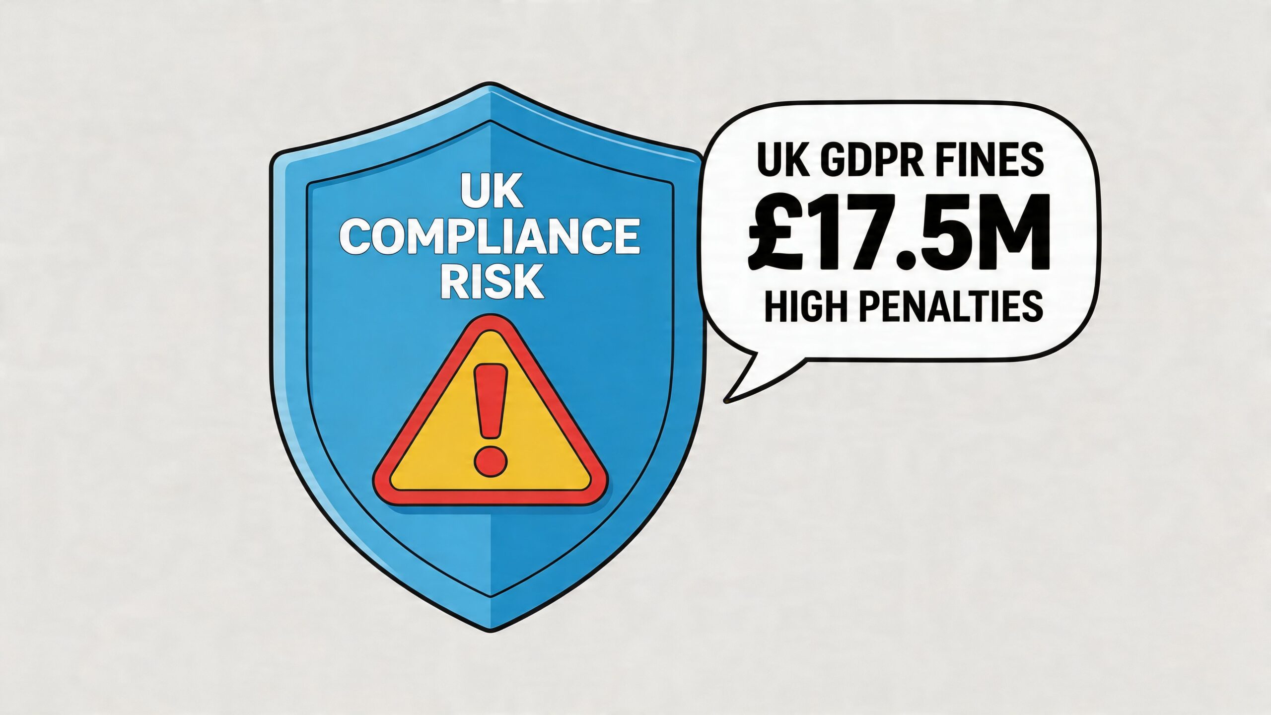 A graphic depicting a blue compliance shield with a warning icon and a speech bubble mentioning UK GDPR fines.