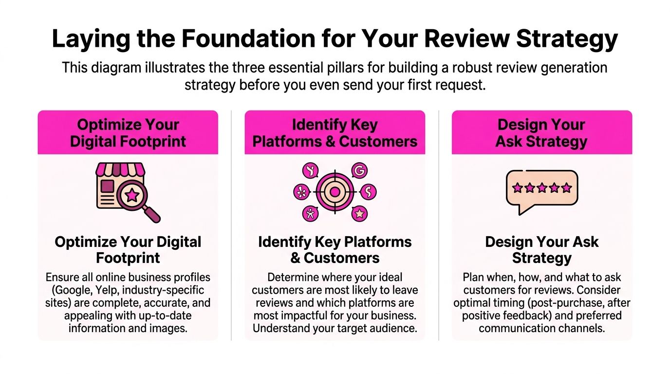 A diagram outlining the three essential pillars for building an effective business review generation strategy.