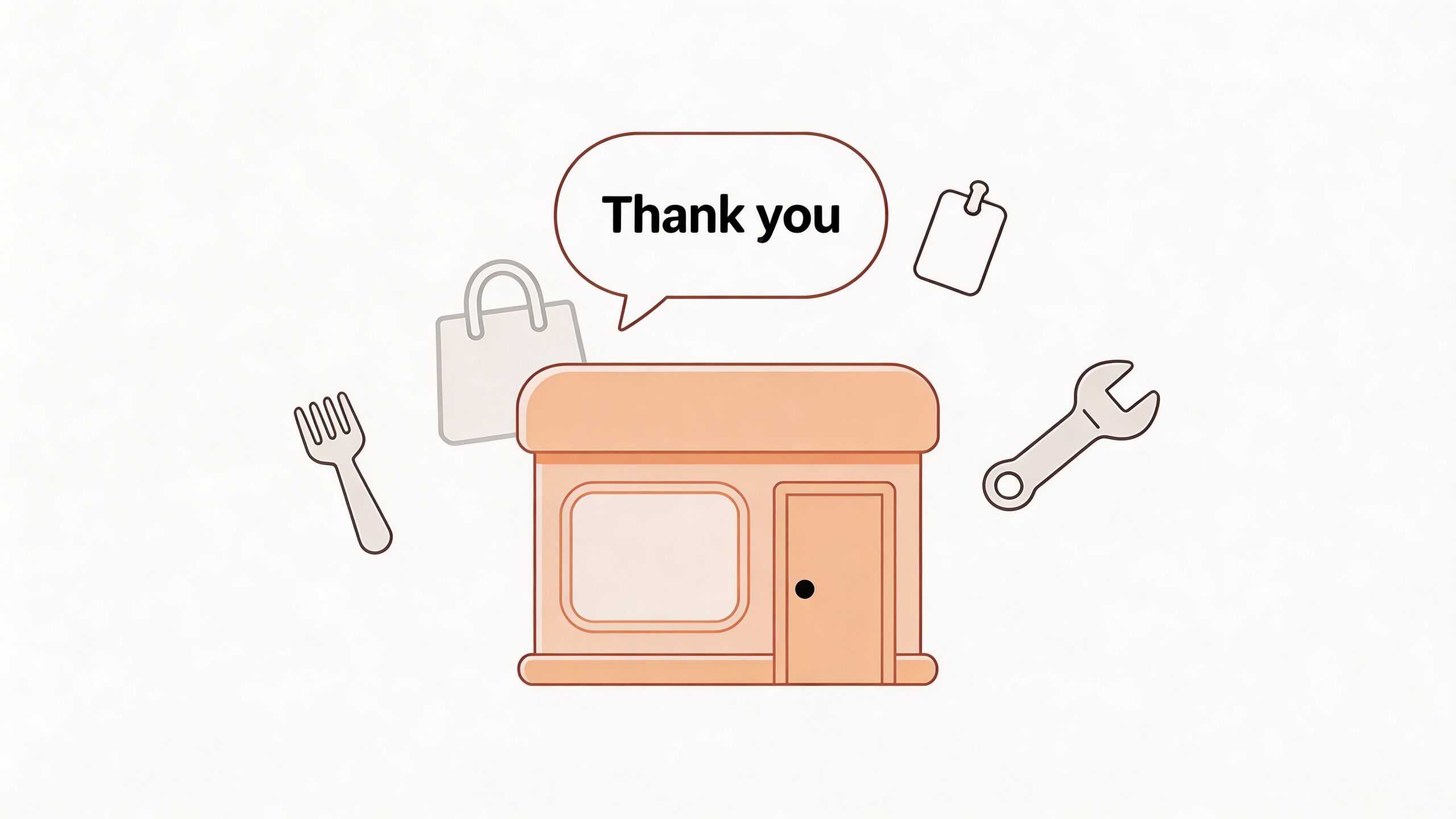 A simple flat illustration of a store with a speech bubble saying thank you and various icons.