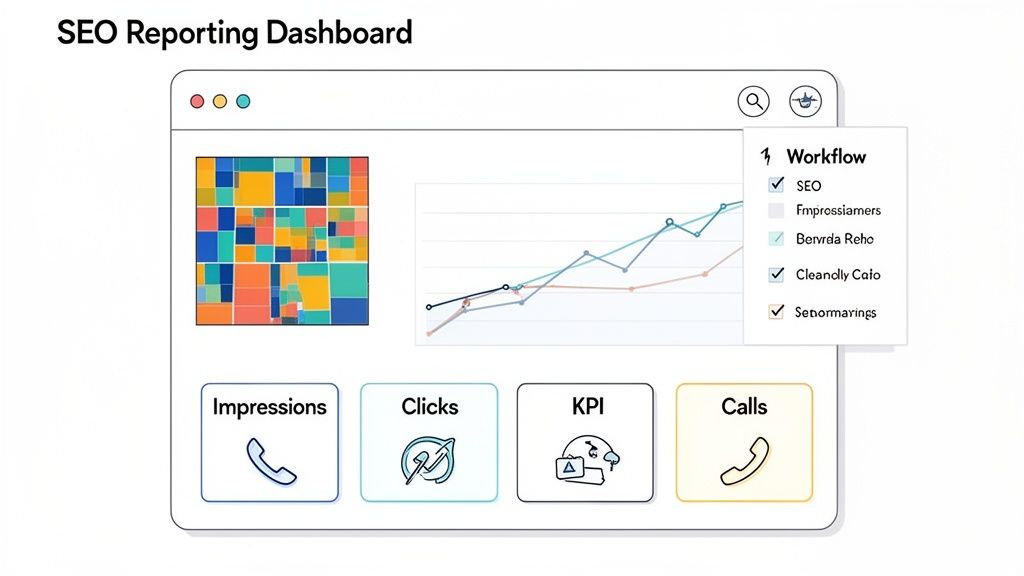An SEO reporting dashboard displaying key metrics like impressions, clicks, KPI, and calls, with workflow options.