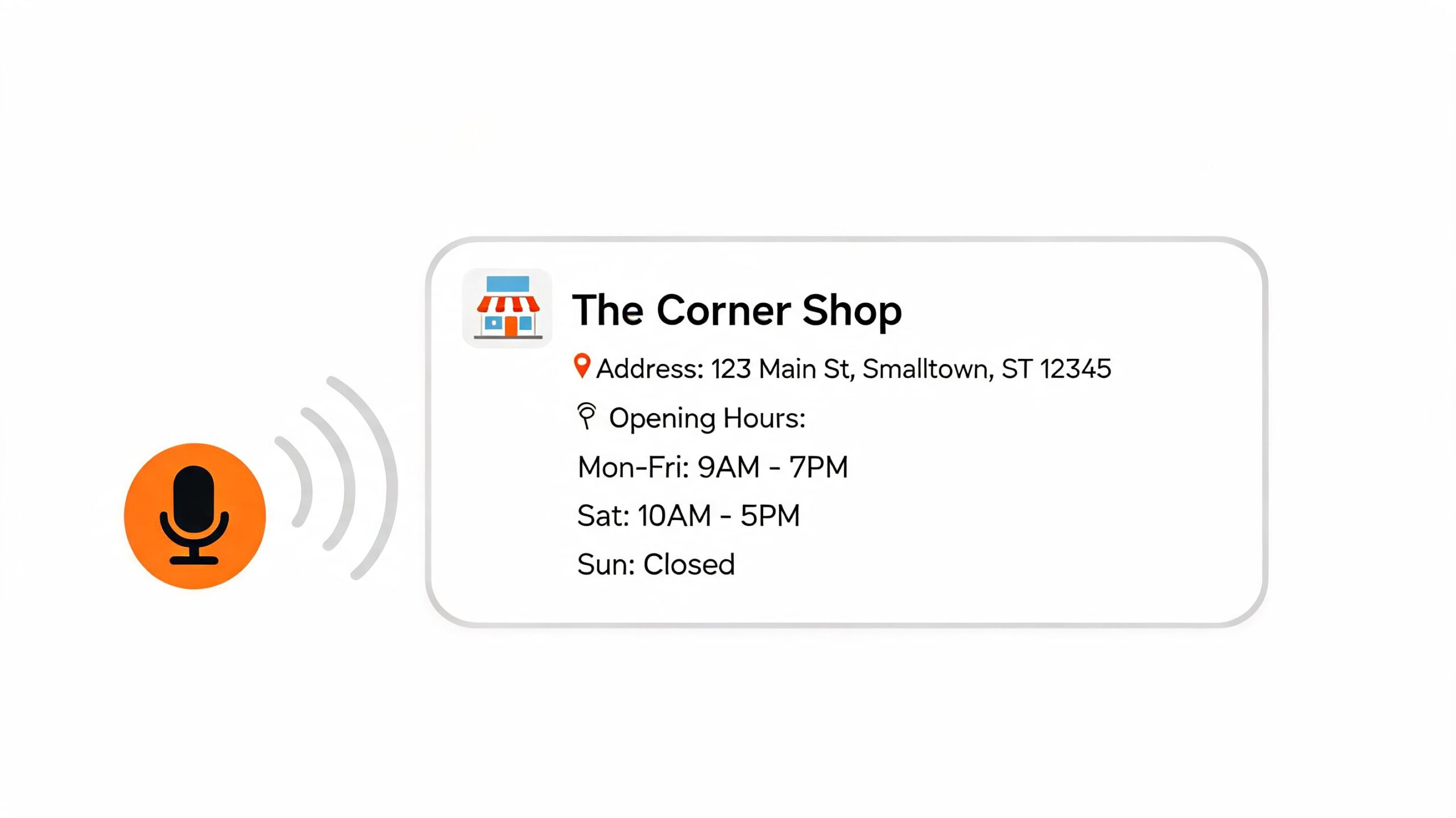 A digital interface showing store information for The Corner Shop triggered by a voice search command.