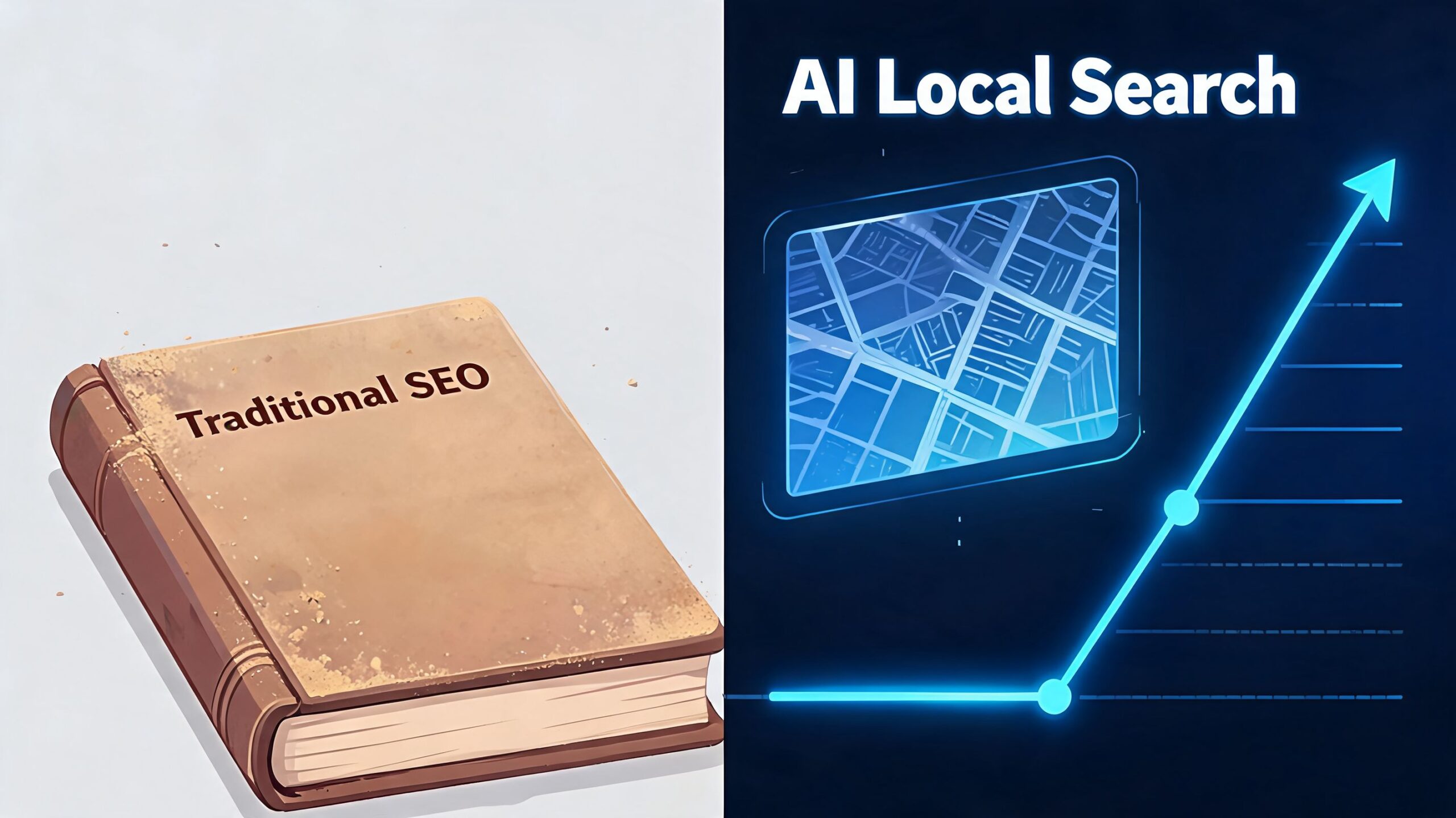 A comparison showing an old dusty book labeled Traditional SEO versus a modern rising AI Local Search chart.