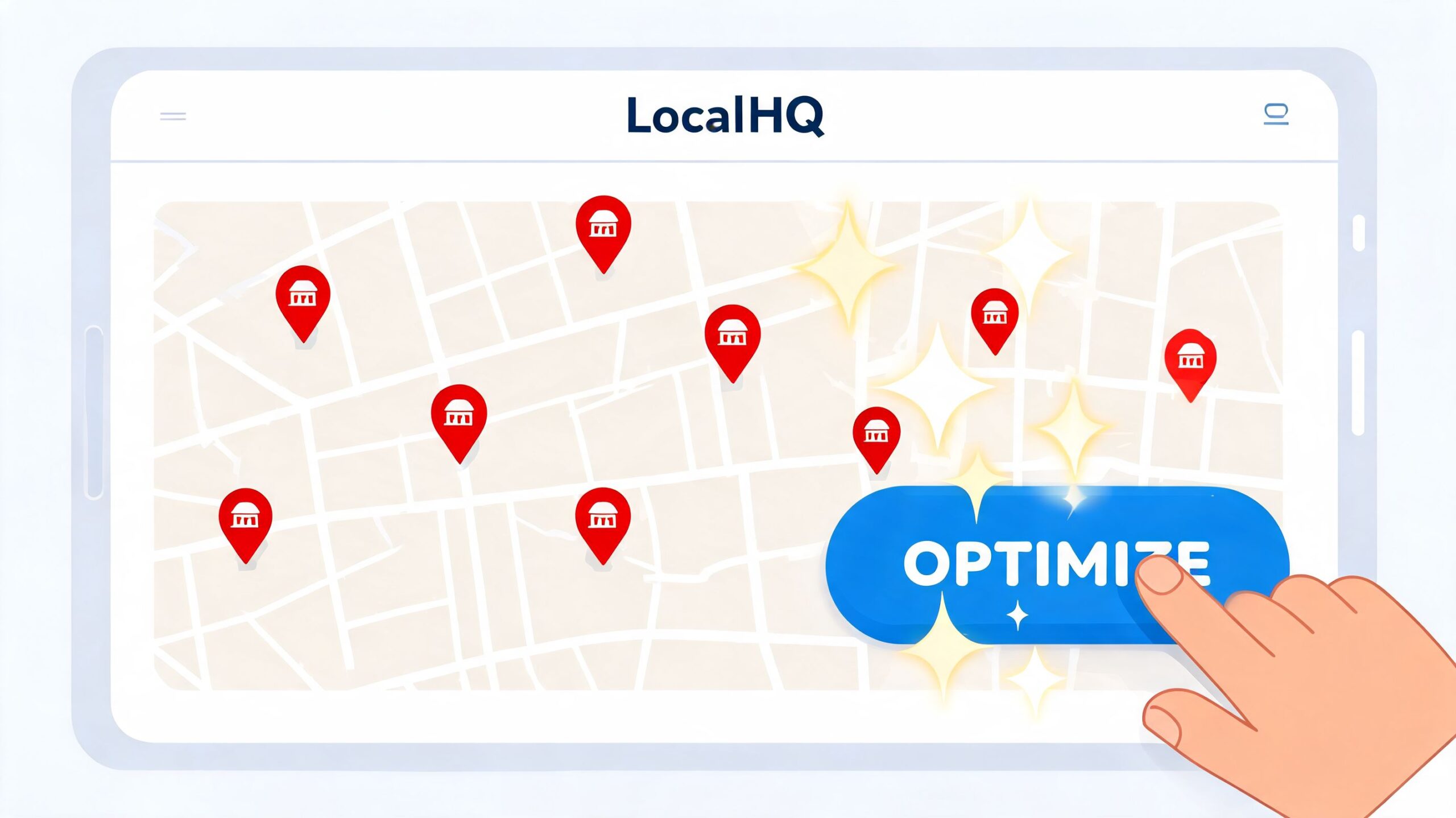 A hand tapping a digital Optimize button on a map interface featuring various business location markers.
