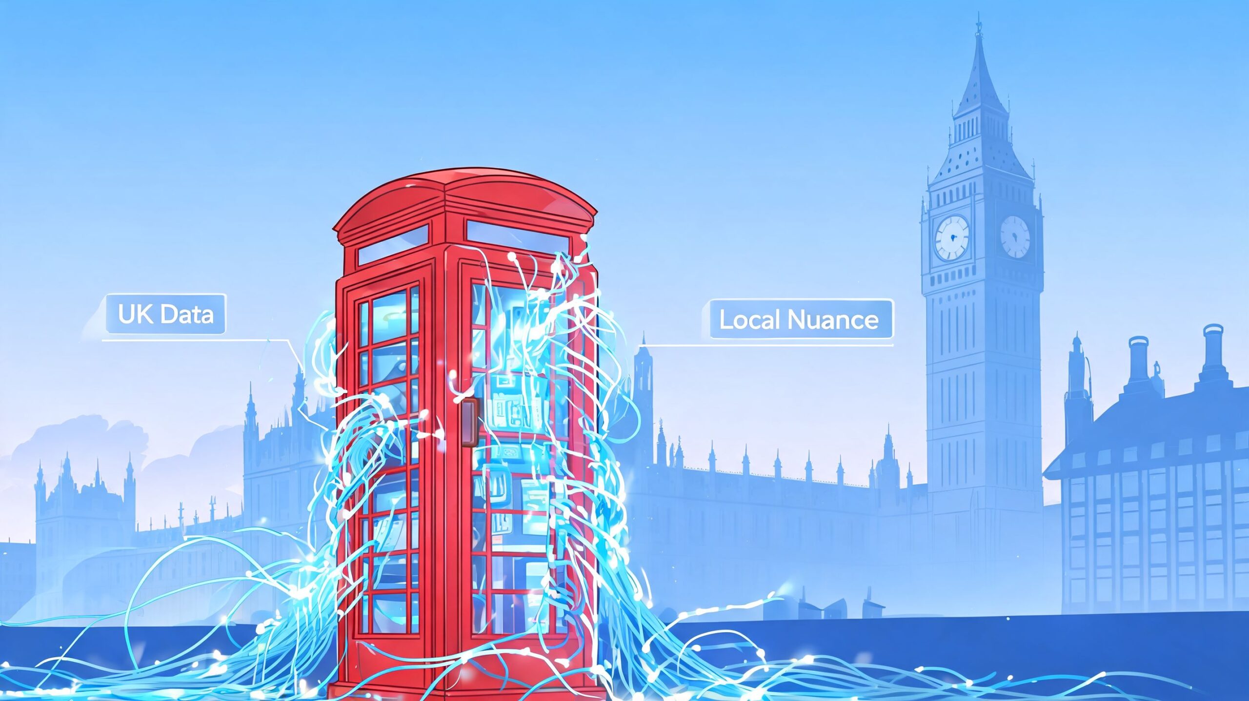 A red British phone box in London surrounded by glowing blue fiber optic cables representing data connectivity.