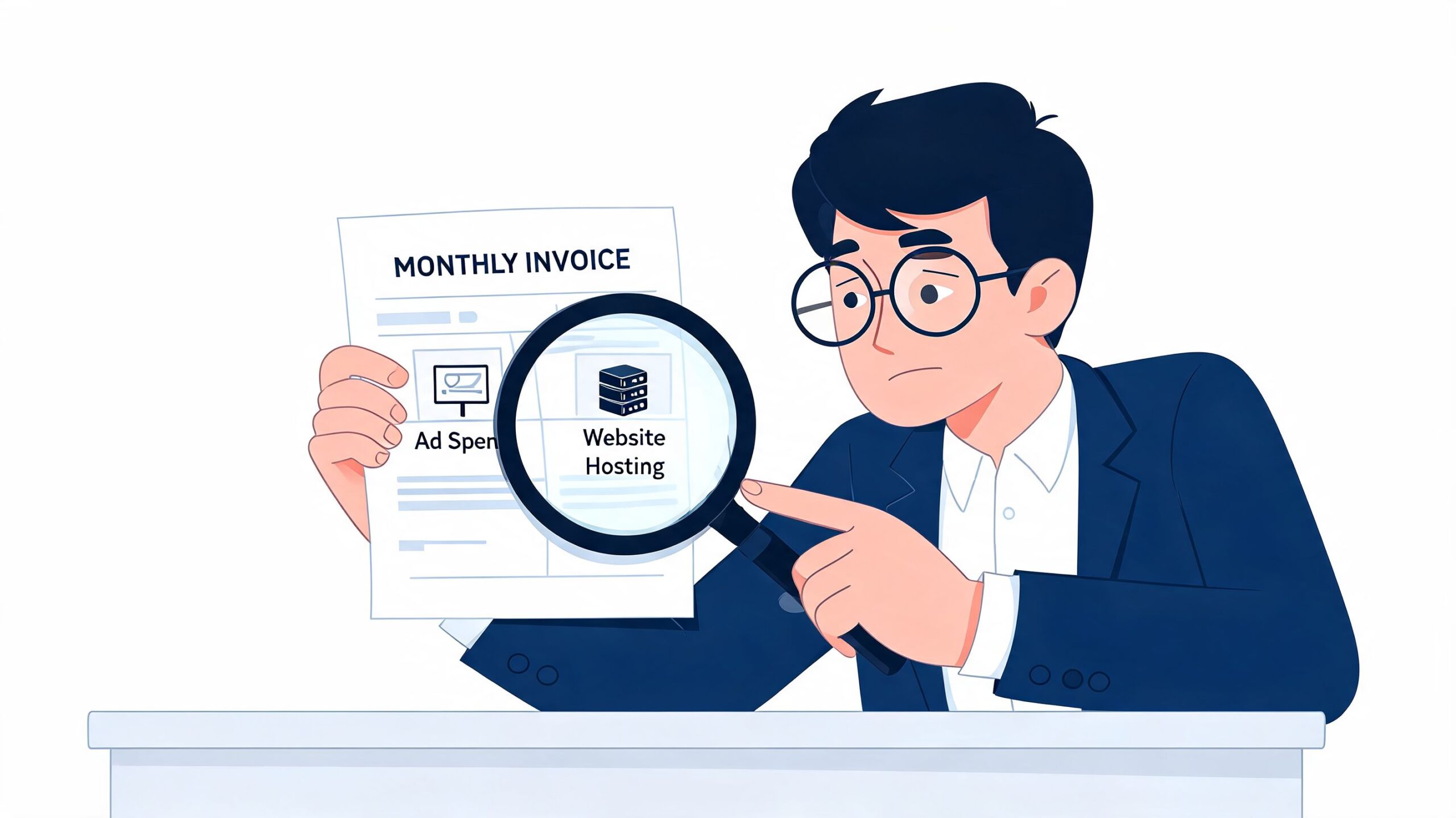 A businessman examining a monthly invoice for local seo services pricing with a magnifying glass.