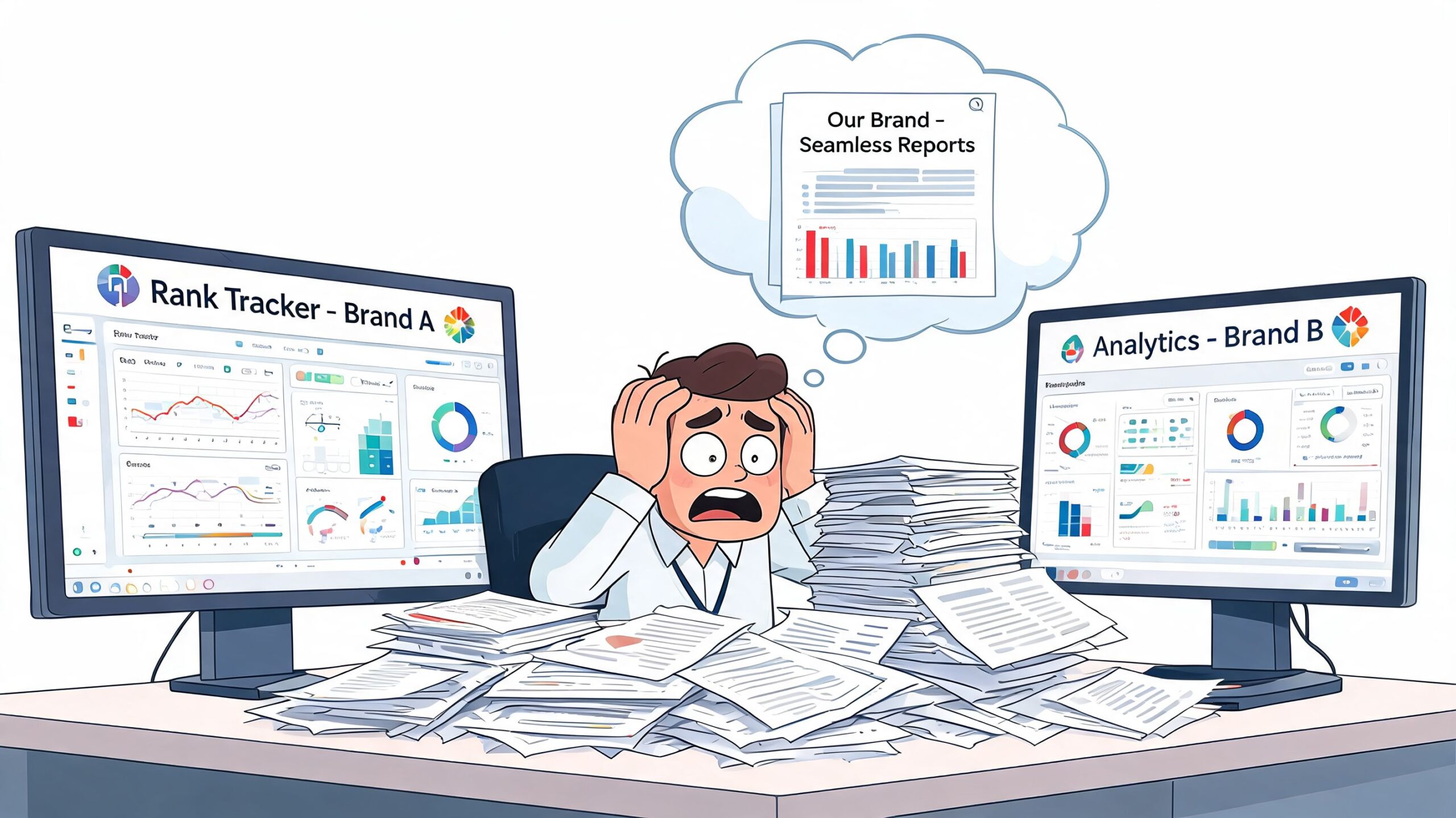 A stressed employee overwhelmed with paper reports while managing multiple disparate brand SEO software platforms.