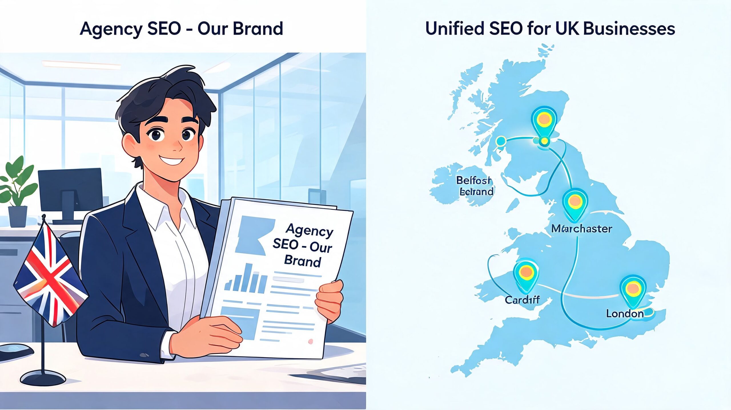 A professional business person holding an SEO report next to a map of the United Kingdom.
