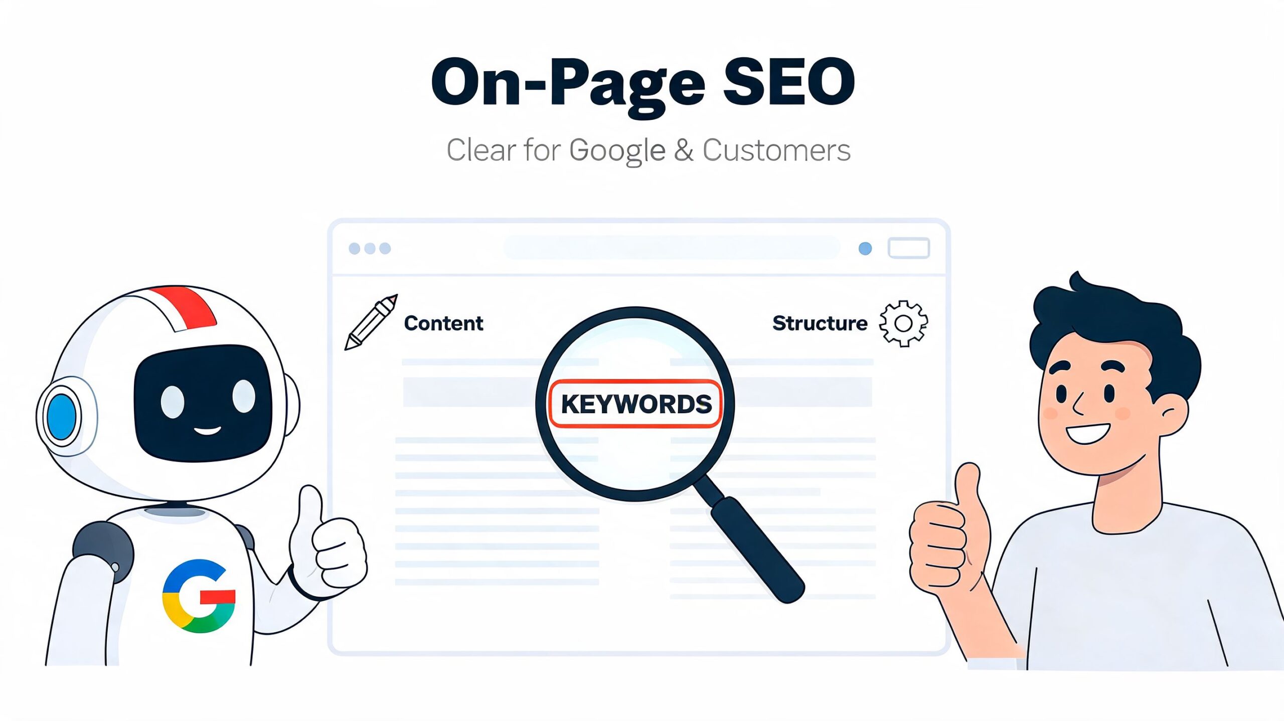 A friendly robot and a person giving thumbs up beside a webpage highlighting keyword research for SEO.