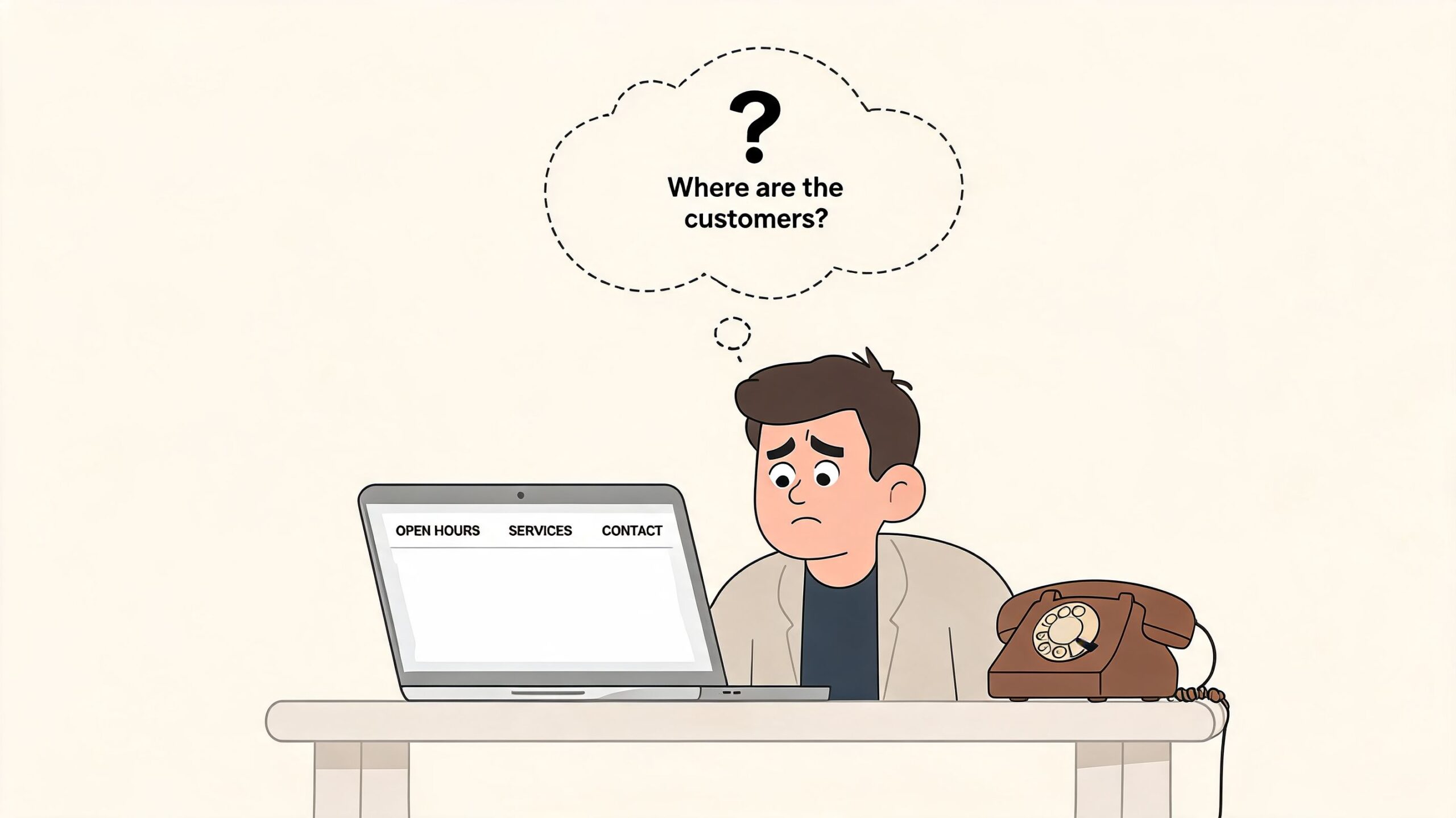 A worried business owner sits at a desk with a laptop and telephone wondering about missing customers.