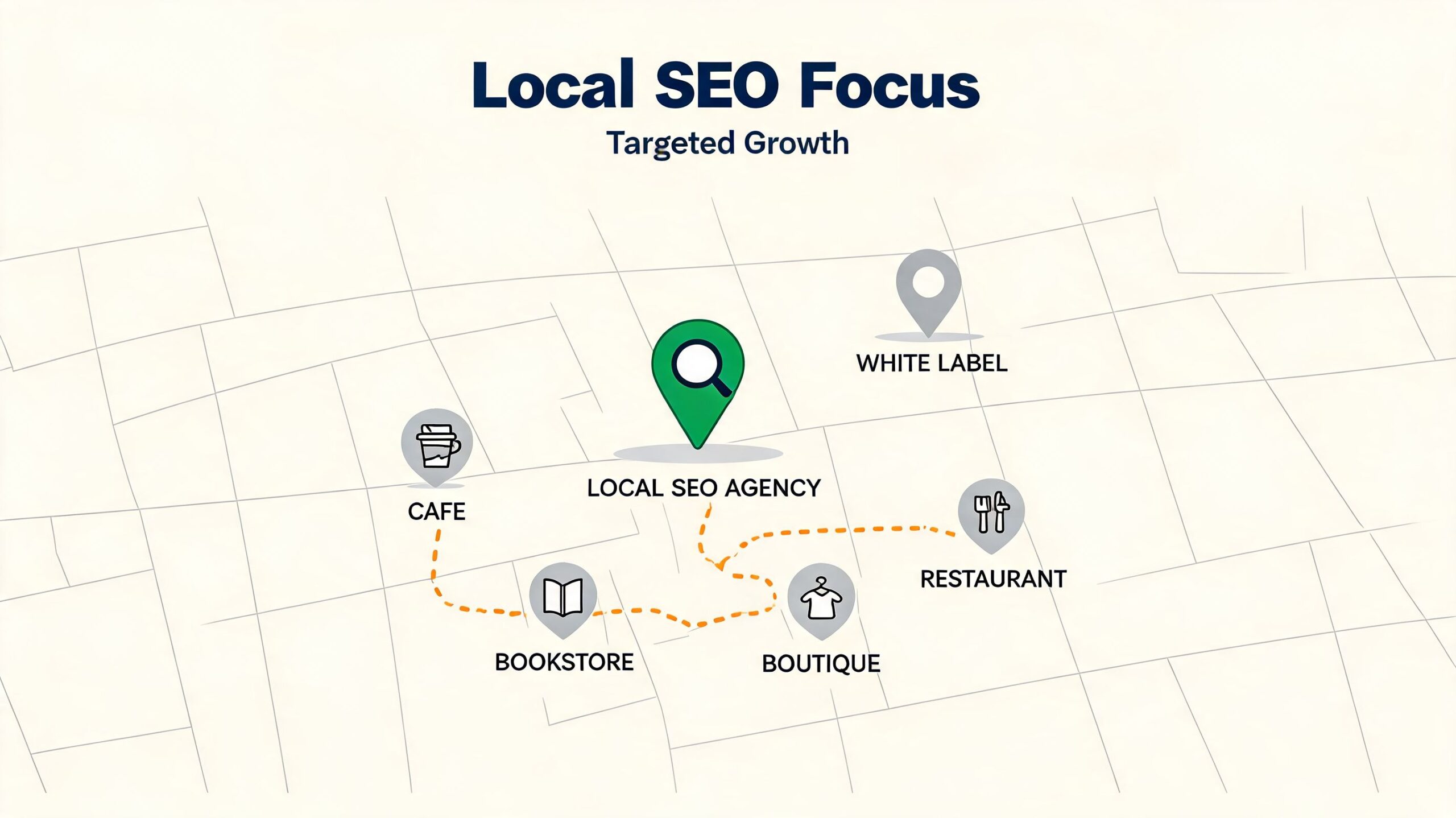 A map graphic showing a local SEO agency connecting with local business types like cafes and boutiques.