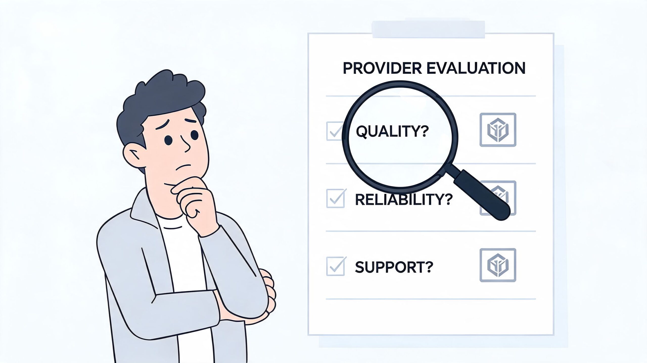 A person evaluating provider quality, reliability, and support services on a clipboard using a magnifying glass.