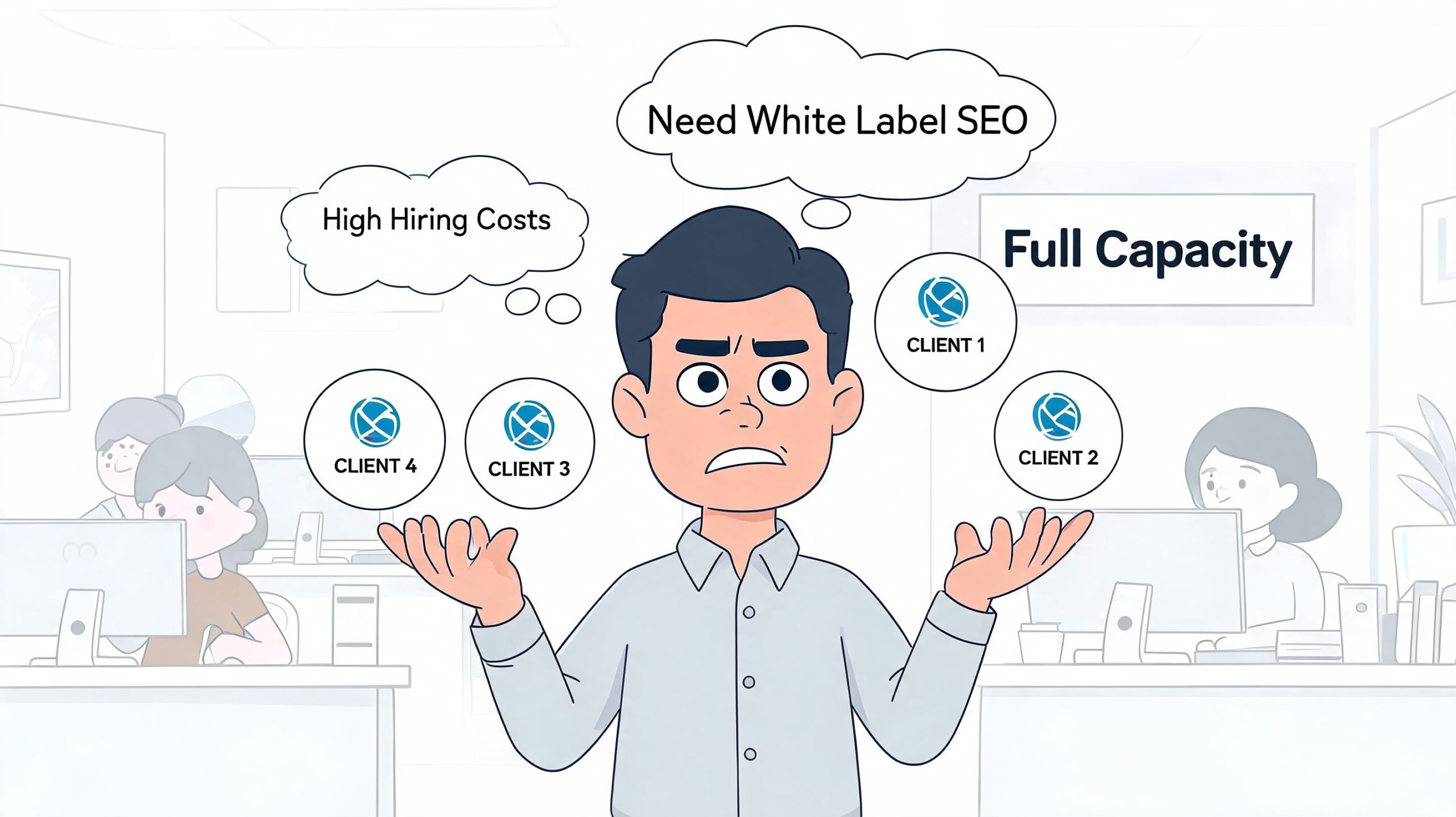 A stressed businessman juggling client tasks while considering high hiring costs and needing white label SEO services.