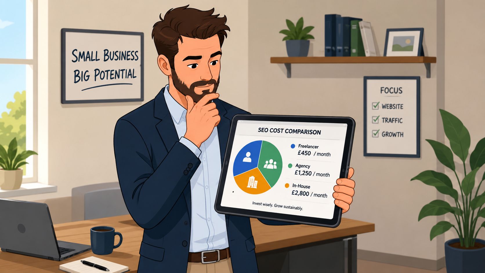 A professional man holding a tablet displaying an SEO cost comparison chart for small businesses.