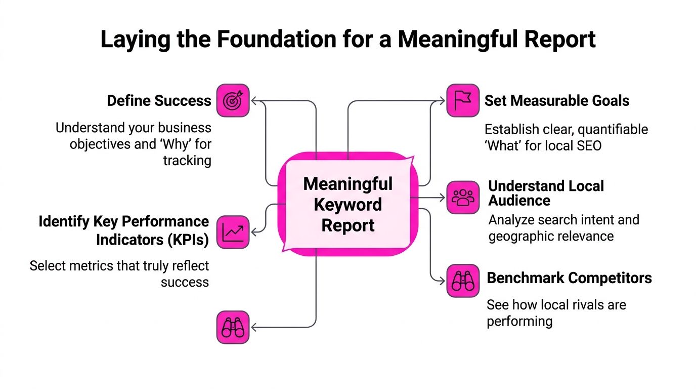 A diagram illustrating the key steps for laying the foundation of a meaningful SEO keyword report.