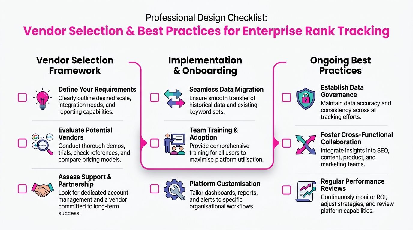 A professional checklist outlining strategies for vendor selection, implementation, and best practices in enterprise rank tracking.