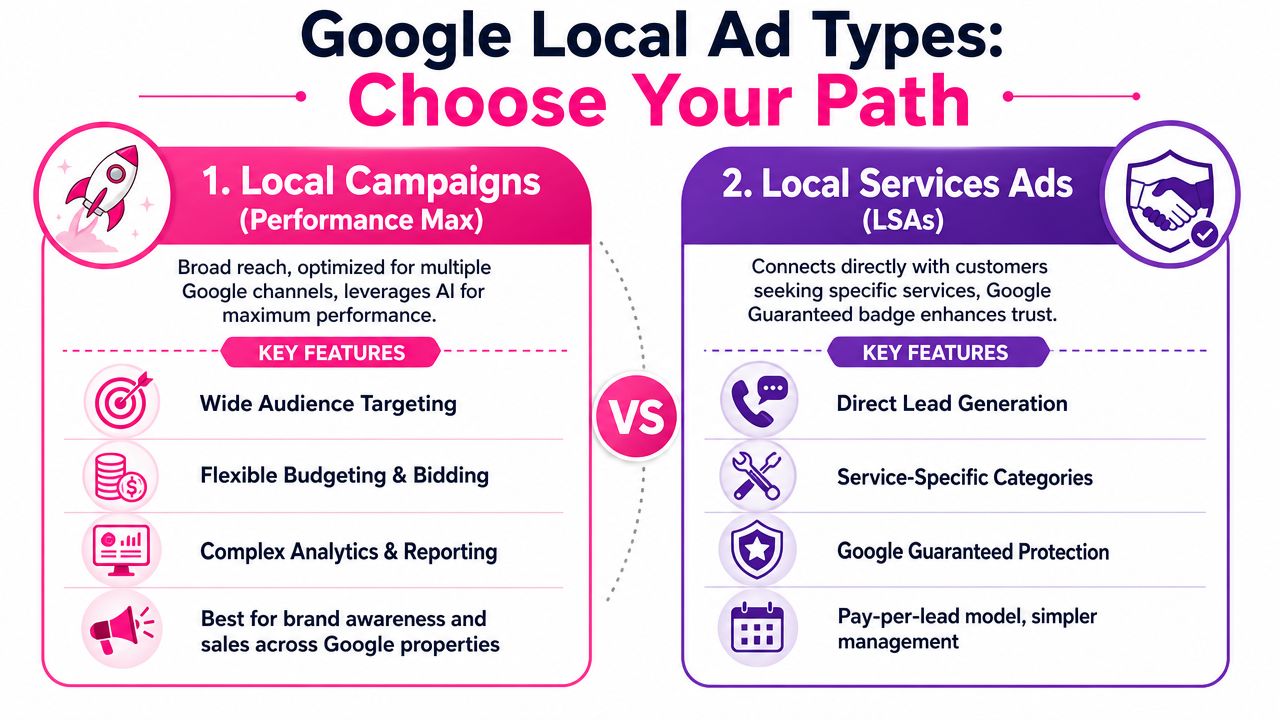 A comparison infographic between Google Local Campaigns and Local Services Ads describing their features and benefits.