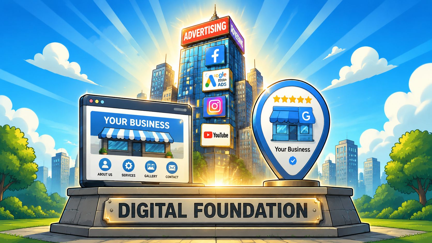 A digital graphic showcasing business advertising foundations, featuring a skyscraper, social media logos, and a business map pin.