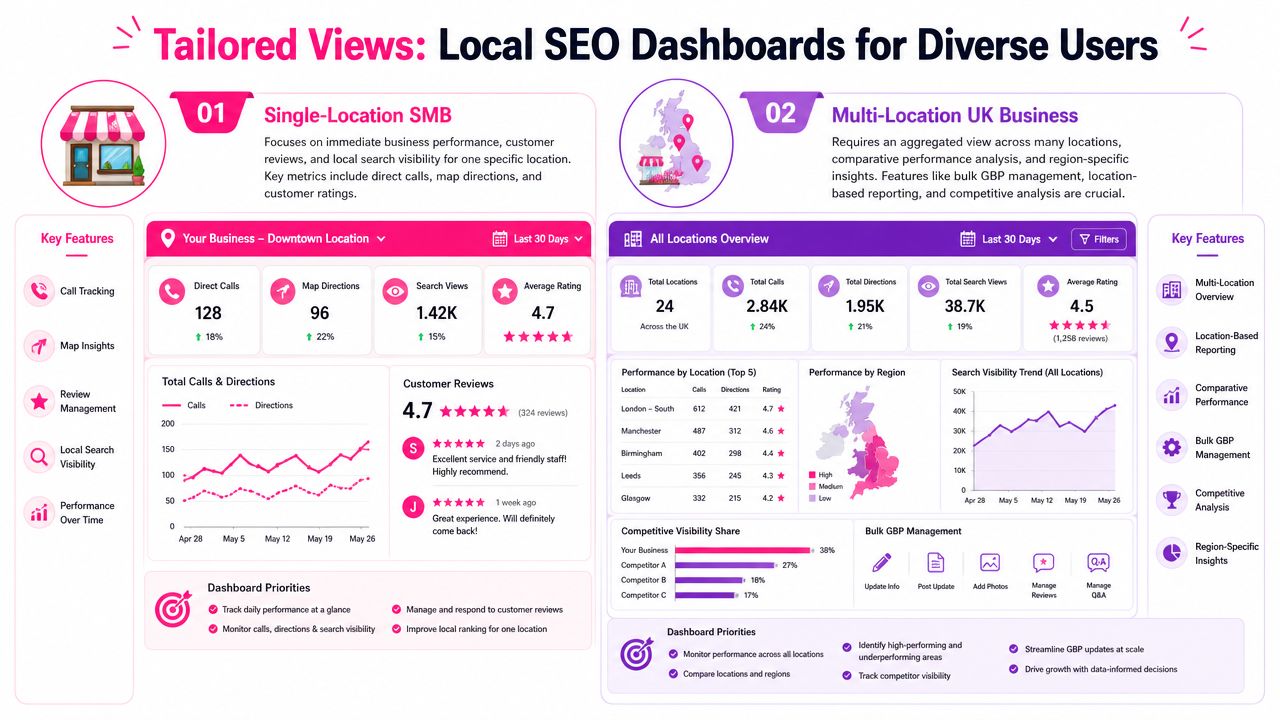 An infographic showing tailored Local SEO dashboards designed for both single-location SMBs and multi-location UK businesses.