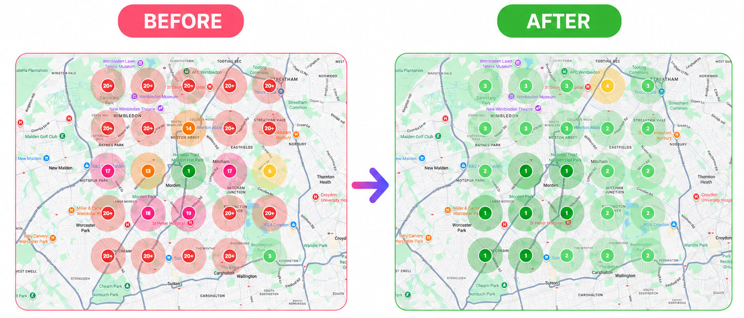 Before and after LocalHQ local ranking grid showing mostly 20 plus positions improving to top three coverage around Merton