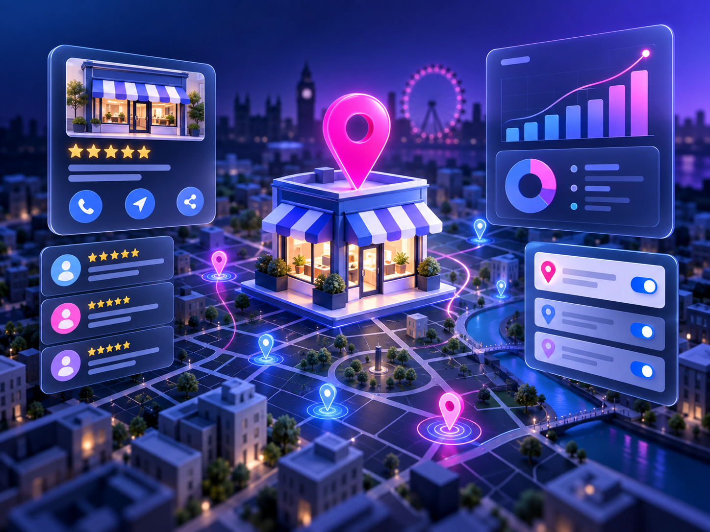 Illustration of managed Google Business Profile optimisation, local rankings, reviews and analytics