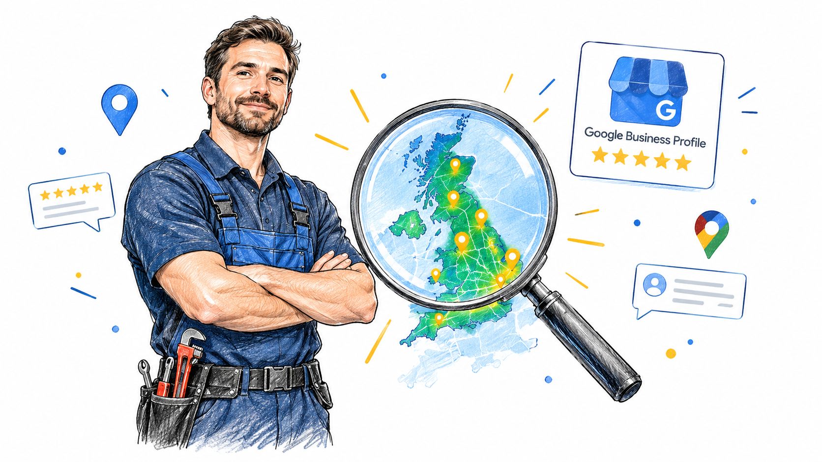 A professional plumber standing with tools, next to a magnifying glass over a map of the UK.